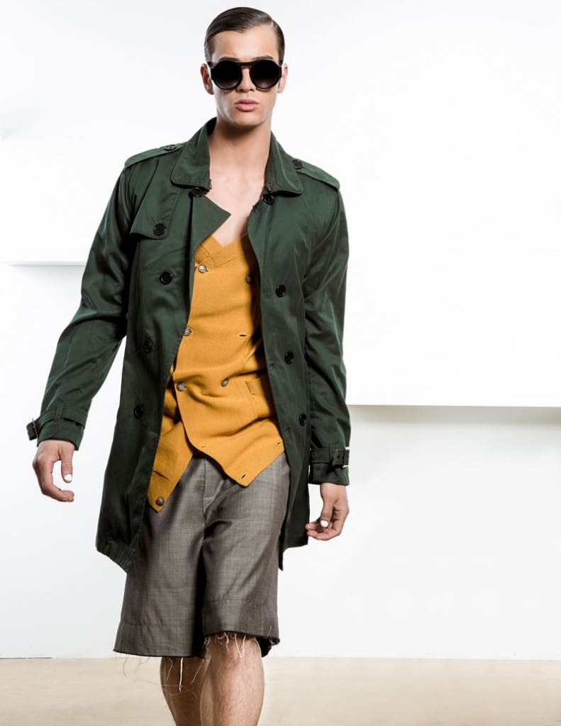 cardigan by Francisco Van Benthum, shorts by Francisco Van Benthum, trench coat by Jacob Holston, sunglasses vintage, shoes by Dr. Martens
