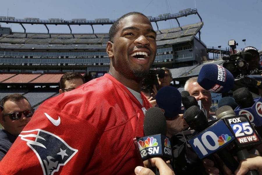 New England Patriots rookie NFL football quarterback Jacoby Brissett speaks with members of the media on the field at Gillette Stadium, Wednesday, May 11, 2016, in Foxborough, Mass. (AP Photo/Steven Senne)