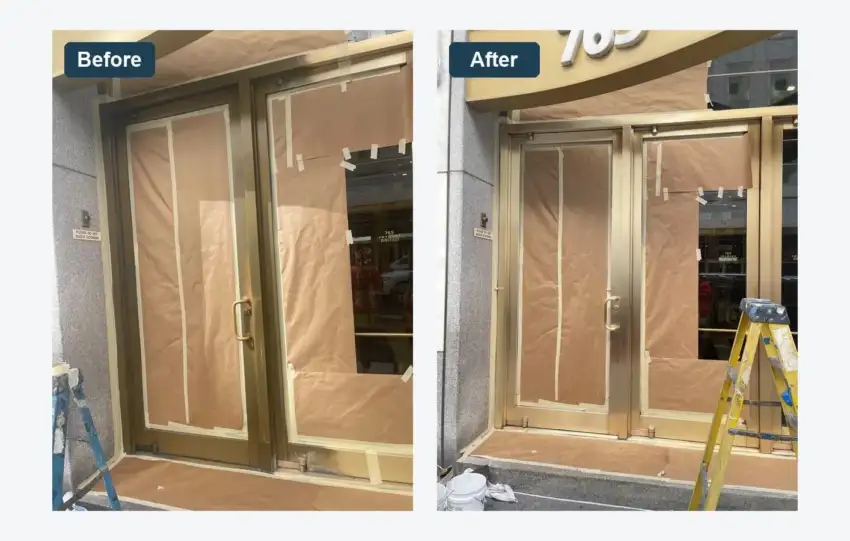 Brass entranceway in Newark before and after refinishing